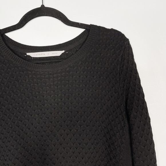 Athleta Small S Black Merino Wool Honeycomb Sweater Tunic Side Split Round Neck - Picture 3 of 12